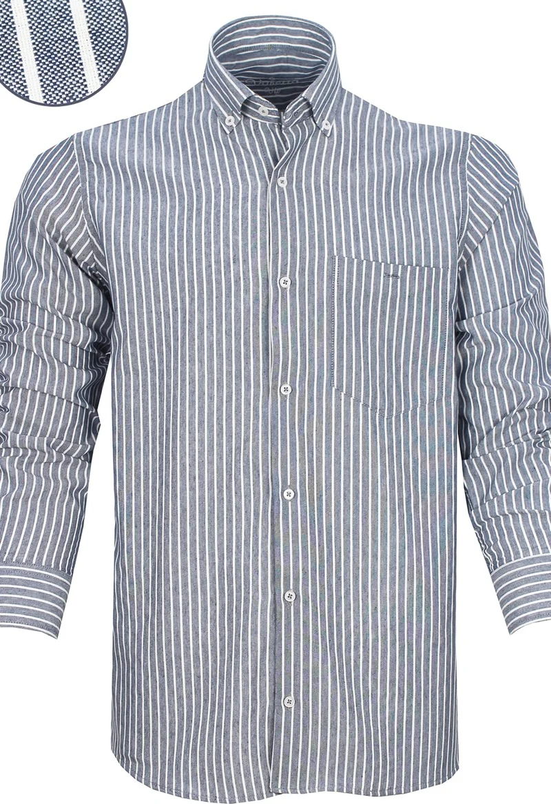 فاريتا Men's Navy Blue Striped Panel Pattern Long Sleeve Button Down Collar Classic Cut Shirt