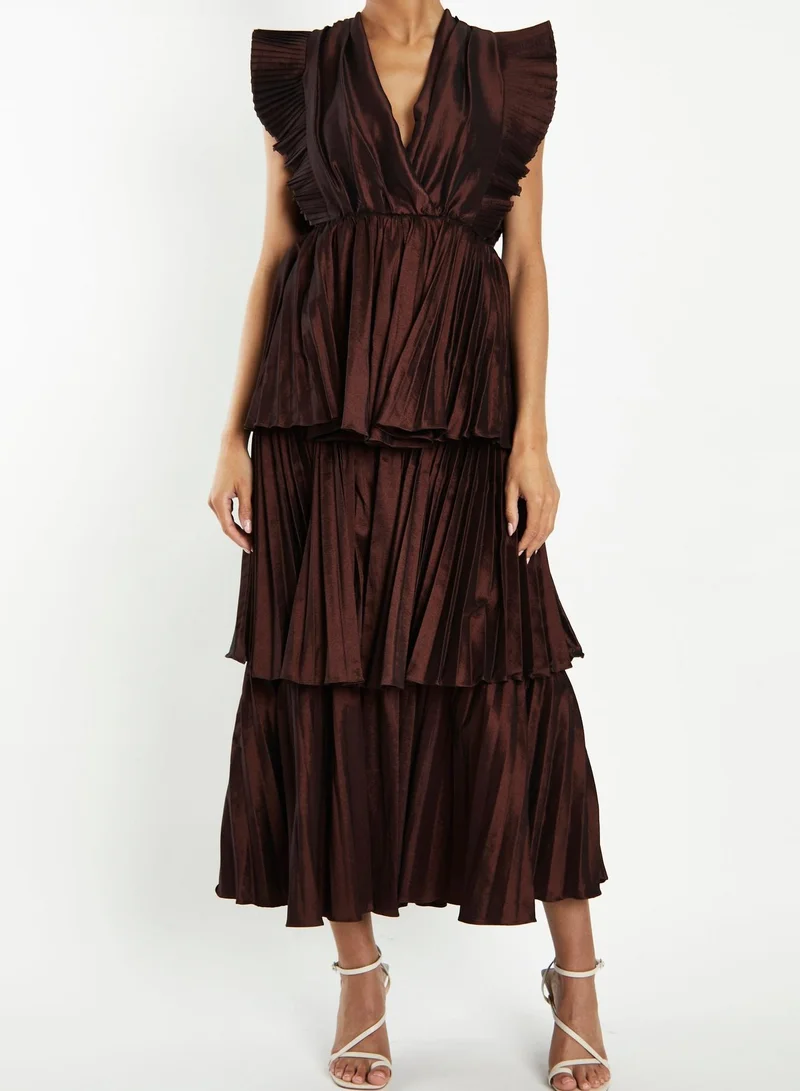 True Decadence Chocolate Taffeta Pleated Tiered Midaxi Dress