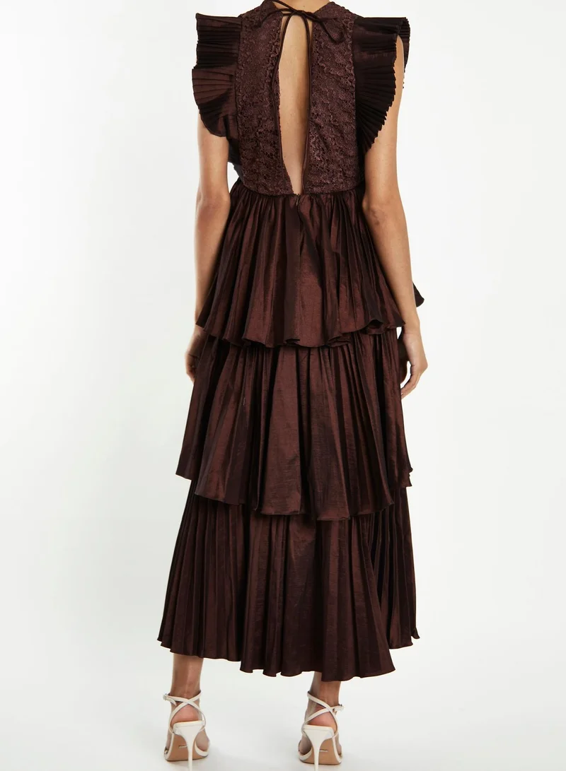 True Decadence Chocolate Taffeta Pleated Tiered Midaxi Dress