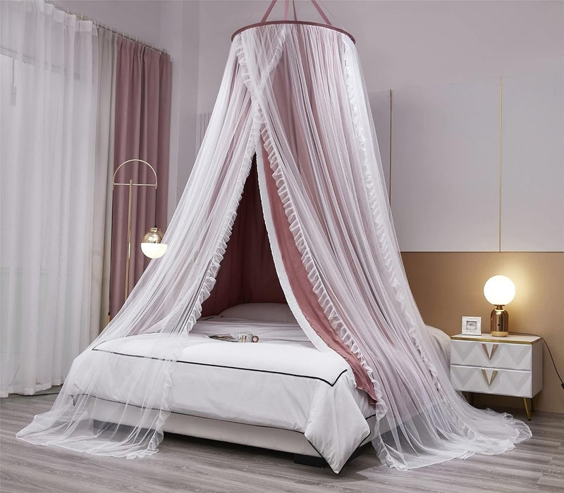 VETHIN Double Layer Princess Round Dome Canopy Bed Curtain for Girls Adults,Children Dreamy Mosquito Net,Cute Bedroom Decoration Castle Play Tent Reading Nook Canopies (Dome-Rust Red/White) - Image 2