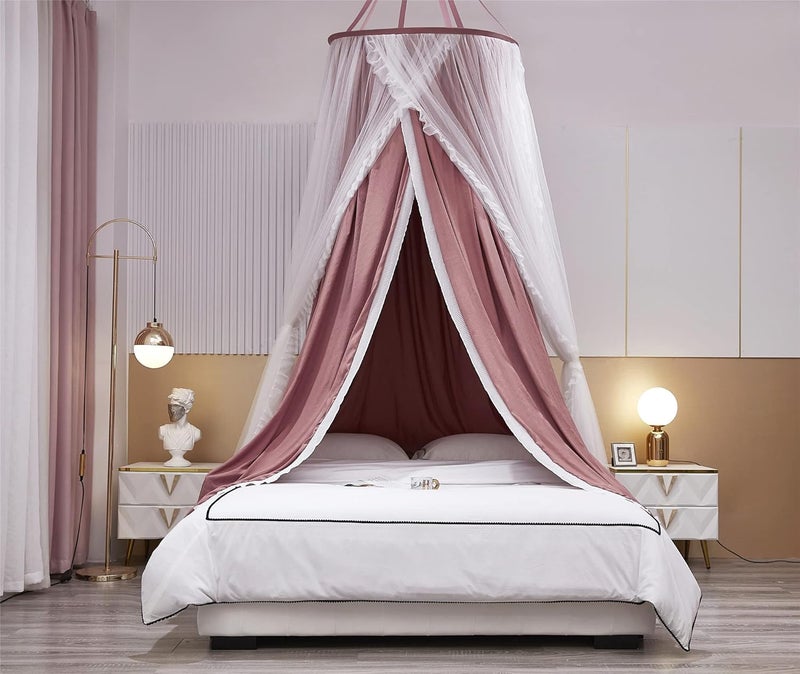 VETHIN Double Layer Princess Round Dome Canopy Bed Curtain for Girls Adults,Children Dreamy Mosquito Net,Cute Bedroom Decoration Castle Play Tent Reading Nook Canopies (Dome-Rust Red/White) - Image 3