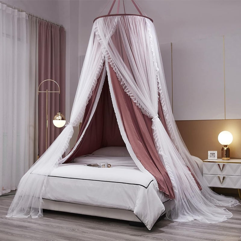 VETHIN Double Layer Princess Round Dome Canopy Bed Curtain for Girls Adults,Children Dreamy Mosquito Net,Cute Bedroom Decoration Castle Play Tent Reading Nook Canopies (Dome-Rust Red/White) - Image 1