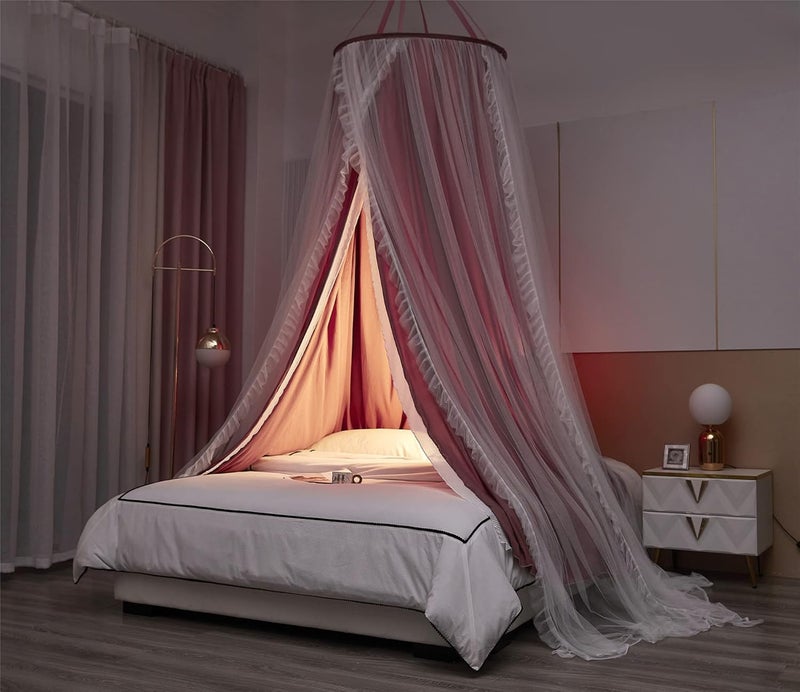VETHIN Double Layer Princess Round Dome Canopy Bed Curtain for Girls Adults,Children Dreamy Mosquito Net,Cute Bedroom Decoration Castle Play Tent Reading Nook Canopies (Dome-Rust Red/White) - Image 4
