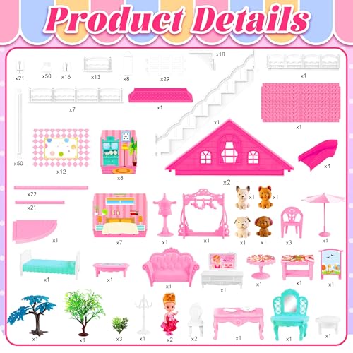 Seifar Doll House for Girls8 Rooms Dollhouse with Dolls Figure PuppiesFurnitures Accessories Toddler Playhouse Gift for for 3 4 5 6 7 8 9 10 Year Old Girls - Image 5