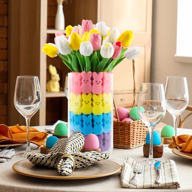 Labrostar Easter Decorations Easter Decor 15pcs Artificial Tulips with 48pcs Bunnies Vase Filler Spring Decor Home Indoor Decoration Centerpieces for Tables - Image 2