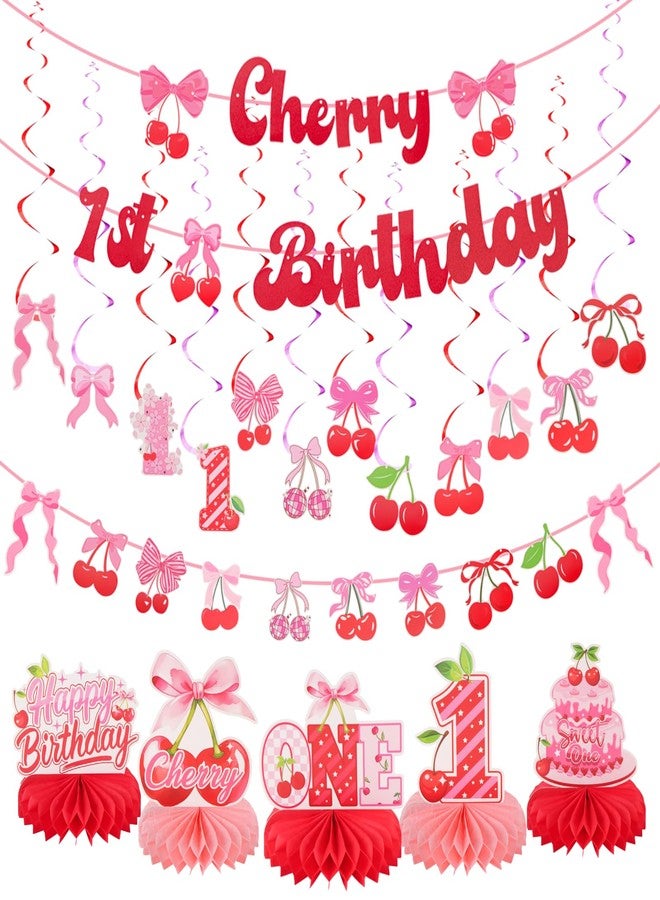 RANERVZ 31Pcs Cherry 1st Birthday Decorations Sweet One Bow Cherry Party Decorations Cherry Honeycomb Table Centerpieces for Baby Girls 1st Birthday Party Decorations - Image 1