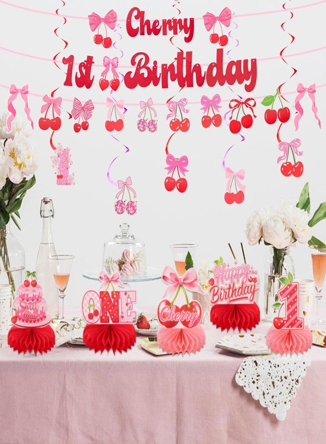 RANERVZ 31Pcs Cherry 1st Birthday Decorations Sweet One Bow Cherry Party Decorations Cherry Honeycomb Table Centerpieces for Baby Girls 1st Birthday Party Decorations - Image 4