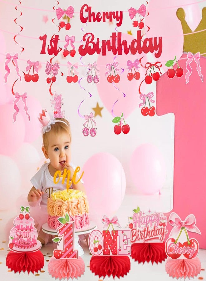 RANERVZ 31Pcs Cherry 1st Birthday Decorations Sweet One Bow Cherry Party Decorations Cherry Honeycomb Table Centerpieces for Baby Girls 1st Birthday Party Decorations - Image 2