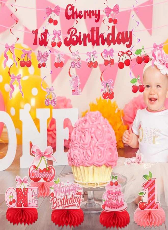 RANERVZ 31Pcs Cherry 1st Birthday Decorations Sweet One Bow Cherry Party Decorations Cherry Honeycomb Table Centerpieces for Baby Girls 1st Birthday Party Decorations - Image 3