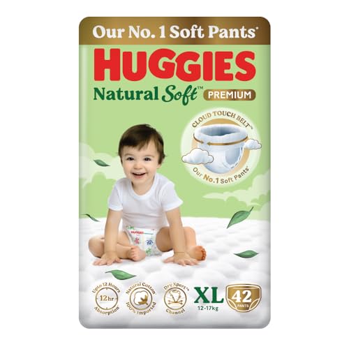 Huggies Natural Soft Premium Baby Diaper Pants, Our No.1 Soft Pants, Extra Large (XL) Size (12-17 Kgs), Pack of 42 diapers | Cloud Softness All over with India's 1st Cloud Touch BeltTM - Image 1