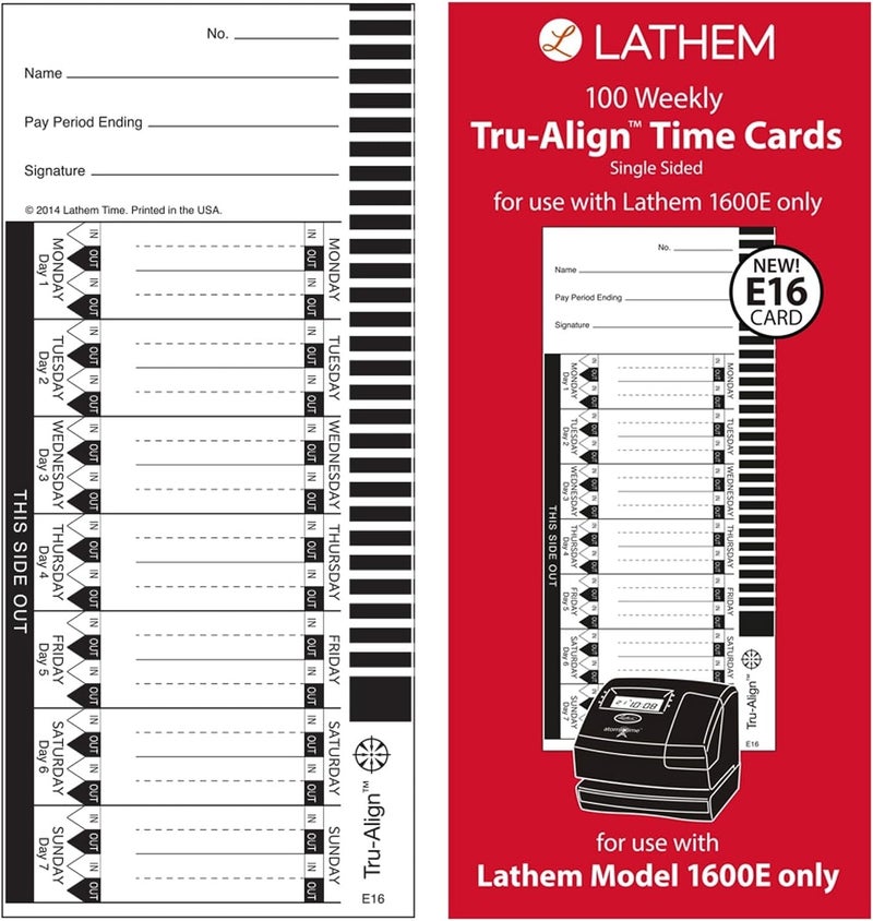 Lathem TruAlign E16 Time Cards for 1600E Weekly 1Sided 4 x 9 White Box of 100 E16100