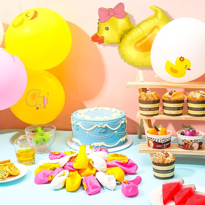Sratte زينة حفلات على شكل بط 40 قطعة بالون مطاطي بط 12 بوصة بالونات فويل زرقاء وردية صفراء بيضاء لوازم حفلات عيد الميلاد وحفلات الاستحمام للأطفال رباط - Image 4