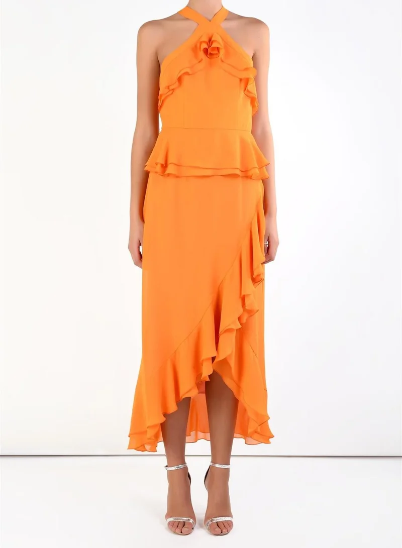 True Decadence Kelly Orange Ruffle Halterneck Midi Dress