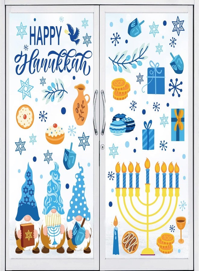 Whaline 9 Sheets Hanukkah Window Clings Blue-Gold Menorah Star Gnome Double-Sided Window Stickers Hexagram Passover Theme Window Decals for Home School Office Decor - Image 1