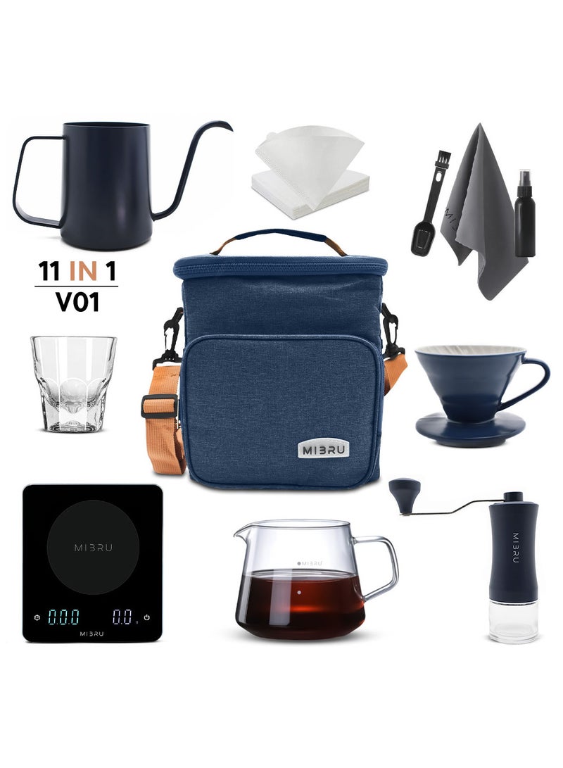 MIBRU V60 Pour Over Premium Drip Coffee Maker Kit, 11-piece Drip Coffee Maker with Coffee Bag Blue, Specialty Coffee Bag (Pink), Coffee Bean Grinder, Coffee Bean Spray Bottle, Coffee Spoon, 01 Paper Coffee Filter, 01 Coffee Dripper, 350ml Mini Coffee Sharing Pot, Slim Neck Manual Coffee Pot, Restrictor Spout for Drip Coffee Pot, Professional Coffee Scale, Coffee Towel, Cortado Cup, Specialty Coffee Kit, Specialty Coffee Tools, Coffee Machine, Coffee Cup, Coffee Cleaning Kit, Pour-Over Coffee Maker Accessories  - Image 1