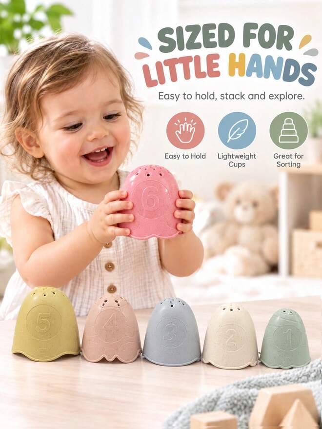 Montessori Inspired Stacking Cups For Baby,6 Pcs Wheat Straw Nesting Bath Toy With Numbers,Color Sorting Scoop Pour Toy For Toddlers Bathtub Beach Gift,Montessori Toys,Christmas Gift,Bath Toys,Pool Toys,Toddler Toys,Toys For Girl,Toys For Boy,Newborn