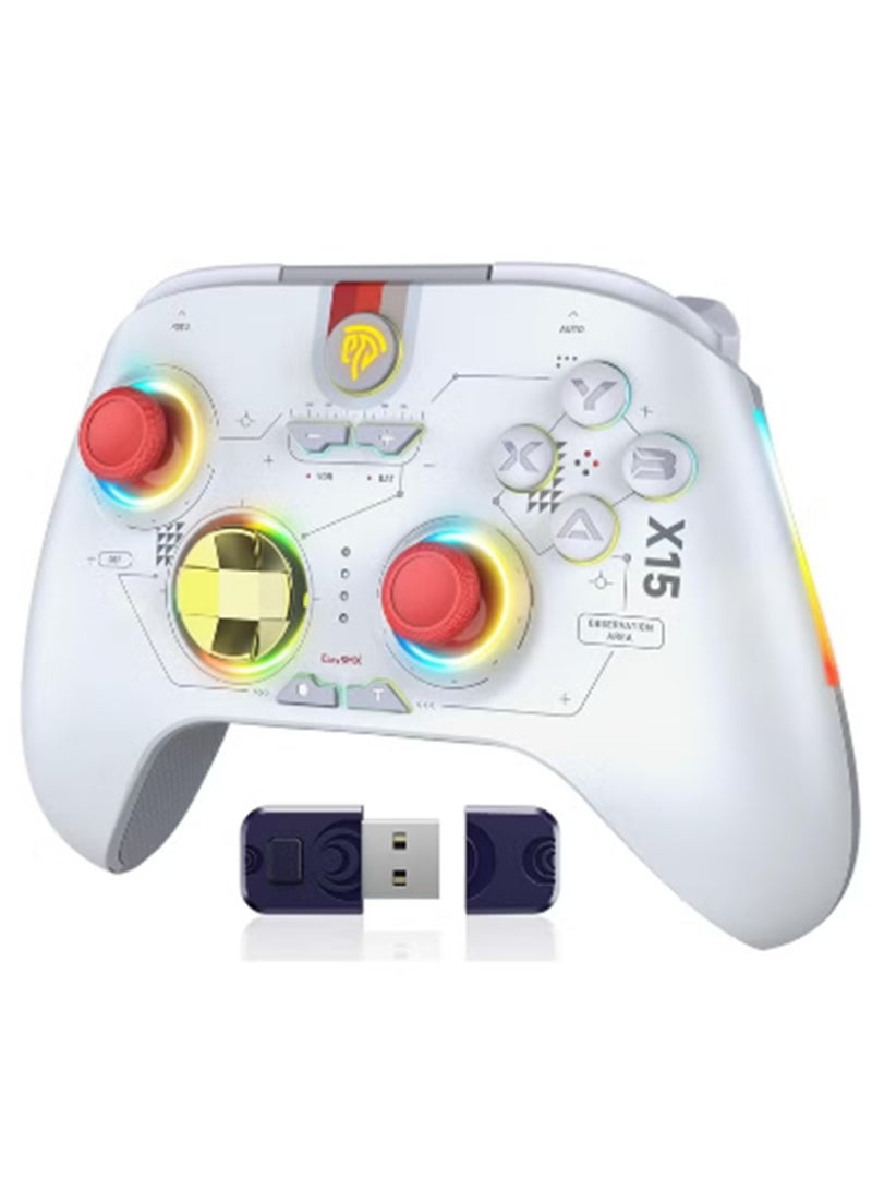 EasySMX جهاز تحكم ألعاب كلاسيكي EasySMX X15 لجهاز الكمبيوتر - جهاز تحكم بلوتوث مع عصي هول/زناد هول/إضاءة RGB - بدون انزلاق للعصا، بدون منطقة ميتة - يعمل مع الكمبيوتر، أندرويد، ستيم وسويتش بطارية 1000 مللي أمبير 20 ساعة عمر البطارية مفاتيح خلفية قابلة للتخصيص وظيفة الاستيقاظ بزر واحد وظيفة التيربو 3 مستويات اهتزاز قابلة للتعديل - Image 1
