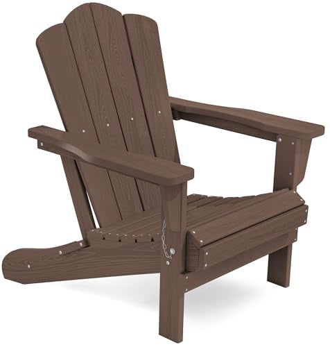 KINGYES Folding Adirondack Chair HDPE AllWeather Patio Chairs Wooden Textured Lawn Chair for Poolside Backyard Deck Fire Pit Brown