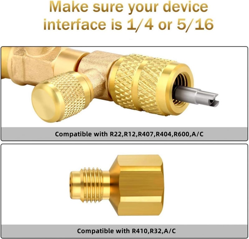 كاست ويف أداة إزالة وتركيب قلب الصمام الذهبية، مفتاح إزالة وتركيب قلب صمام شريدر R410A R22 AC مع منفذ مزدوج الحجم SAE 1/4-5/16 بوصة لأدوات إصلاح خطوط التبريد وتكييف الهواء (ذهبي) - Image 5