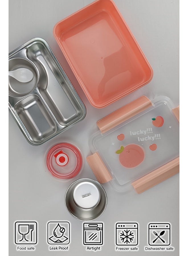 توشيونيكس صندوق غداء من الفولاذ المقاوم للصدأ - سعة 1.2 لتر - مع 3 أقسام، ملعقة، كوب، آمن للاستخدام في الميكروويف، غطاء مانع للتسرب، خالٍ من مادة BPA، آمن للاستخدام في الفريزر وغسالة الأطباق - طباعة كرتونية للفواكه - مثالي للمدرسة والمكتب والسفر - 21 × 15 × 5 سم - Image 2