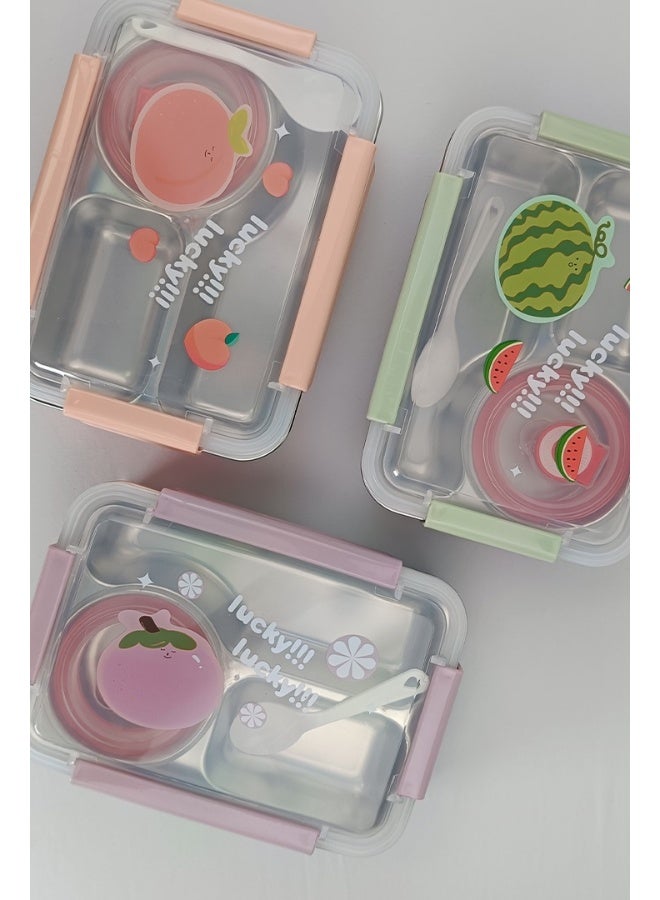 توشيونيكس صندوق غداء من الفولاذ المقاوم للصدأ - سعة 1.2 لتر - مع 3 أقسام، ملعقة، كوب، آمن للاستخدام في الميكروويف، غطاء مانع للتسرب، خالٍ من مادة BPA، آمن للاستخدام في الفريزر وغسالة الأطباق - طباعة كرتونية للفواكه - مثالي للمدرسة والمكتب والسفر - 21 × 15 × 5 سم - Image 5