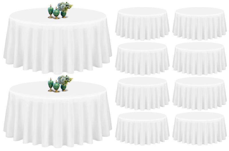 Showgeous 10 Pack White Round Tablecloth  90 Inch Polyester Table Cloths Washable Fabric Table Cover for Wedding Banquet Restaurant Buffet Parties and Camping