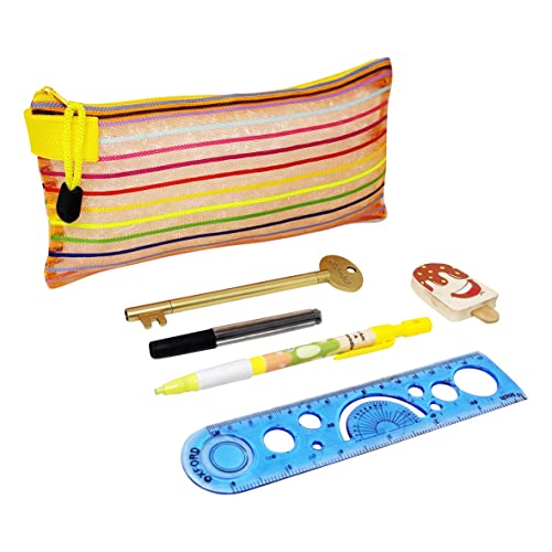 PARTEET Combo (Pack of 5 Items) 1 Pencil Pouch, 1 Key Shape Ball Pen, 1 Lead Pencil with Extra Leads, 1 Ice Cream Shape Eraser and 1 Scale for Kids - Image 1
