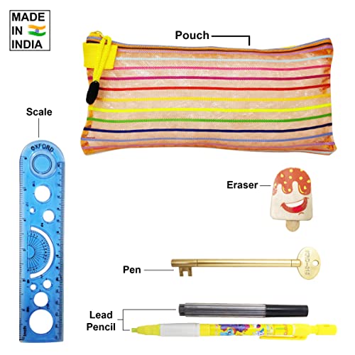 PARTEET Combo (Pack of 5 Items) 1 Pencil Pouch, 1 Key Shape Ball Pen, 1 Lead Pencil with Extra Leads, 1 Ice Cream Shape Eraser and 1 Scale for Kids - Image 2