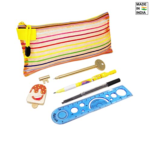 PARTEET Combo (Pack of 5 Items) 1 Pencil Pouch, 1 Key Shape Ball Pen, 1 Lead Pencil with Extra Leads, 1 Ice Cream Shape Eraser and 1 Scale for Kids - Image 4