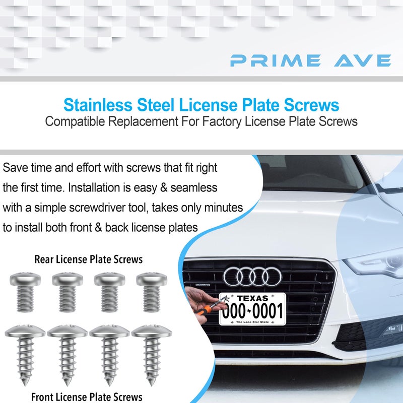 Prime Ave Stainless Steel License Plate Screw Set for Front/Rear Plates, Frames & Covers Compatible with Audi A3 A4 A5 A6 A7 A8 S3 S4 S5 S6 S7 S8 RS3 RS4 RS5 RS6 RS7 Q3 Q4 Q5 Q7 Q8 SQ5 SQ7 SQ8 e-Tron - Image 4