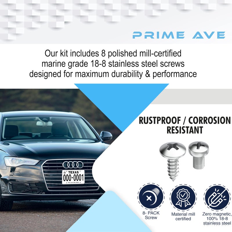 Prime Ave Stainless Steel License Plate Screw Set for Front/Rear Plates, Frames & Covers Compatible with Audi A3 A4 A5 A6 A7 A8 S3 S4 S5 S6 S7 S8 RS3 RS4 RS5 RS6 RS7 Q3 Q4 Q5 Q7 Q8 SQ5 SQ7 SQ8 e-Tron - Image 2