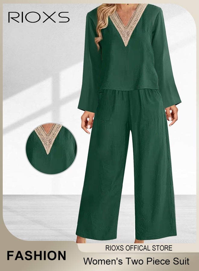 RIOXS Women's Fashion V-neck Cotton Two Piece Suit Casual Soft Long Sleeve Top and Pants Set - Image 1