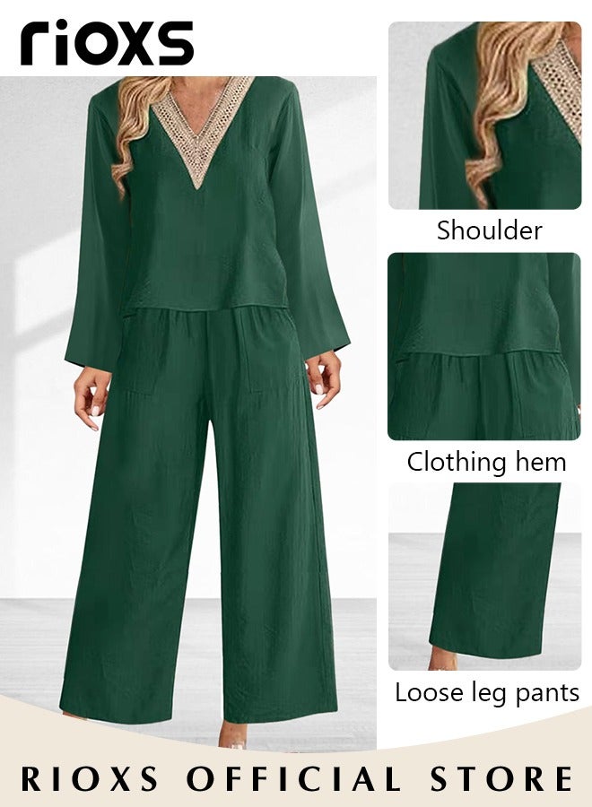 RIOXS Women's Fashion V-neck Cotton Two Piece Suit Casual Soft Long Sleeve Top and Pants Set - Image 2