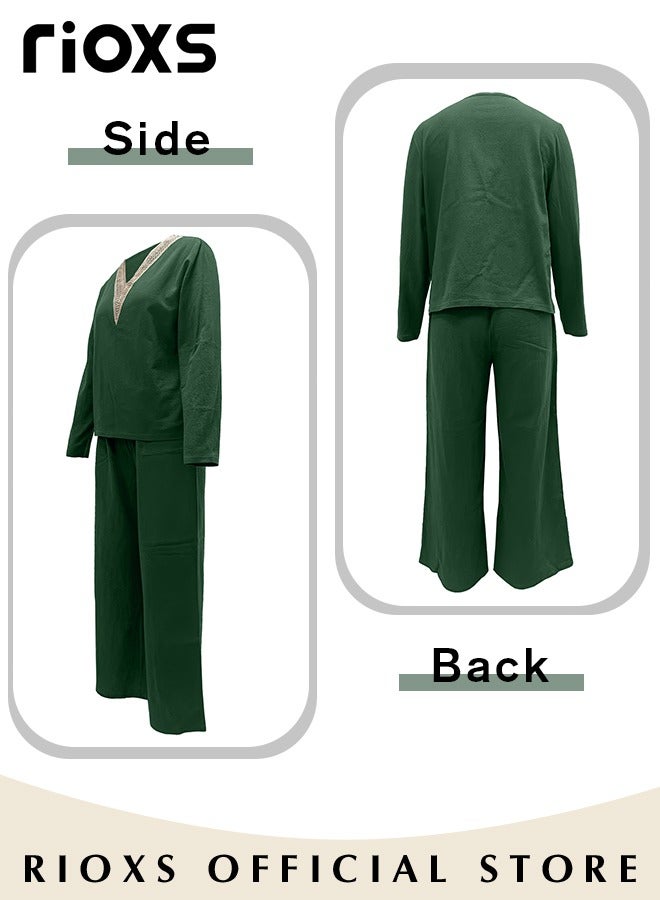 RIOXS Women's Fashion V-neck Cotton Two Piece Suit Casual Soft Long Sleeve Top and Pants Set - Image 3