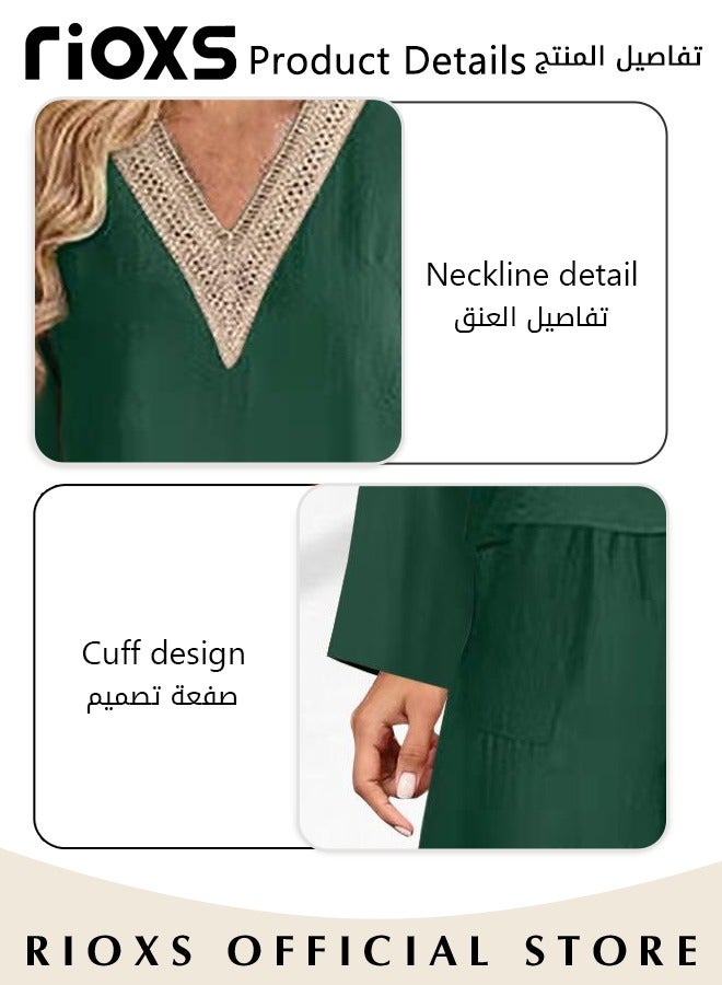 RIOXS Women's Fashion V-neck Cotton Two Piece Suit Casual Soft Long Sleeve Top and Pants Set - Image 4