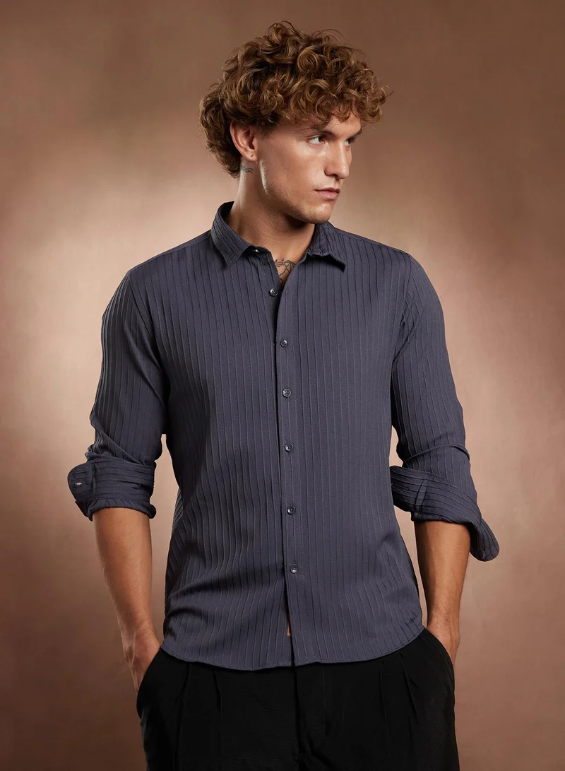 Campus Sutra Campus Sutra Men's Aegean Blue Pinstripe-Tactile Shirt For Casual Wear | Spread Collar | Long Cuffed Sleeves | Button Closure | Shirt Crafted With Comfort Fit For Everyday Wear