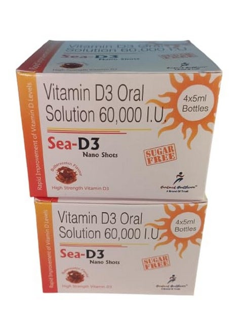 D3 Nano Shots/Vitamin D3 60000 I.U Suga Free Oral Solution Syrup(8 Shots Of 5Ml Each) = 2 Boxes, 1 Count