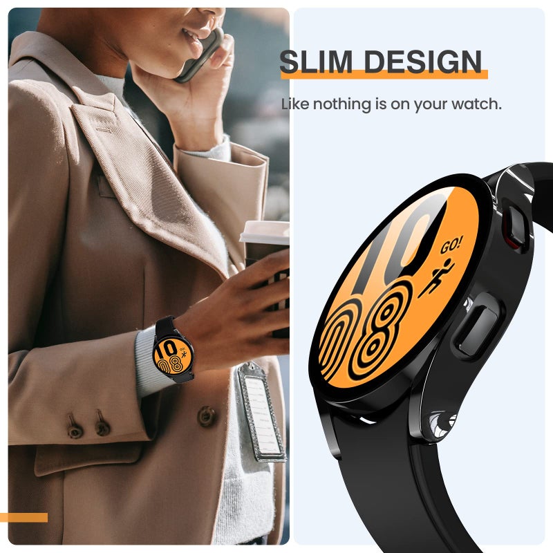 Tensea [2Pack for Samsung Galaxy Watch 5 2022/4 2021 Screen Protector Case 44mm Accessories, Protective Face Cover Built-in Tempered Glass Film Bumper Case (Glossy Black-Hard Case) - Image 4