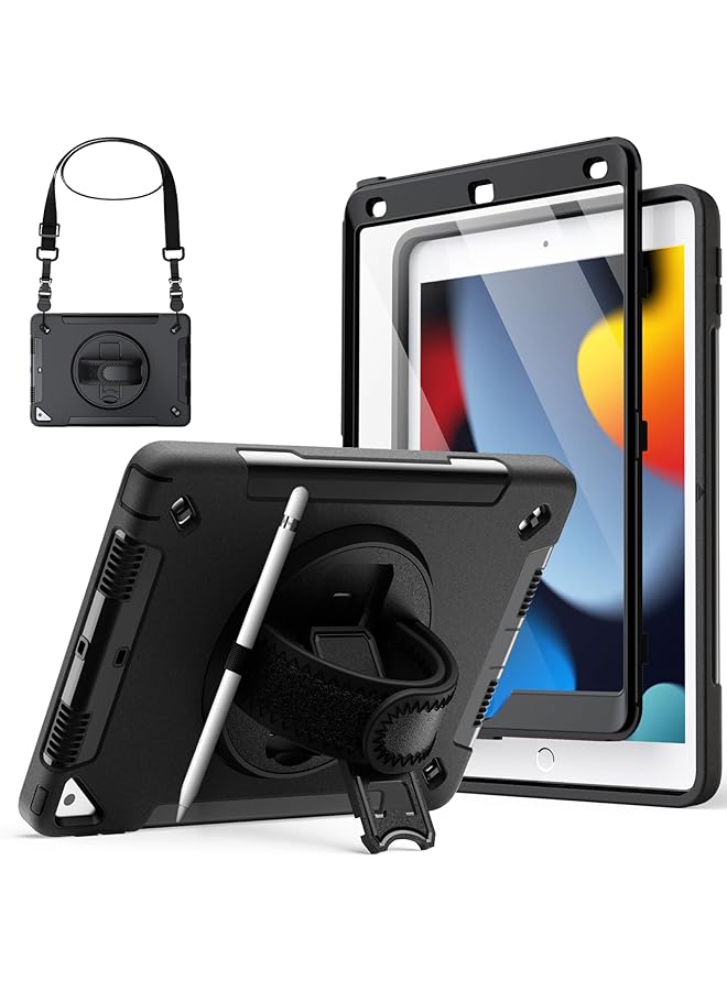جي تيك حافظة لجهاز آيباد 10.2 بوصة الجيل التاسع والثامن والسابع 2021 2020 2019 مع واقي شاشة مدمج وغطاء لوحي متين مقاوم للصدمات وحزام يد دوار 360 درجة أسود - Image 1