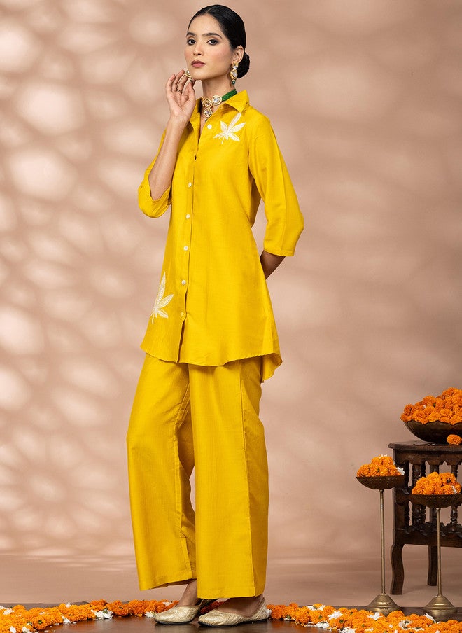 WineRed Yellow Embroidered Shirt Collar Top with Palazzo Set - Image 5
