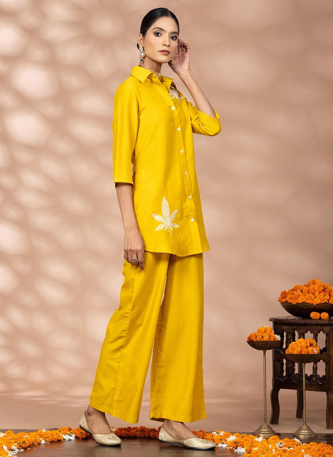 WineRed Yellow Embroidered Shirt Collar Top with Palazzo Set - Image 4