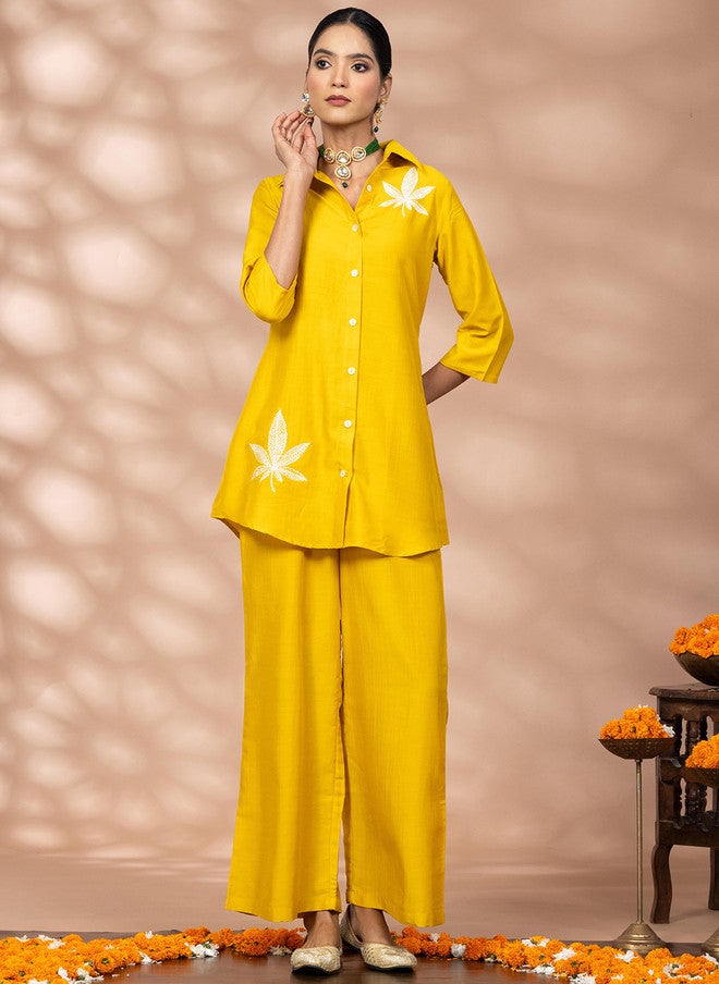 WineRed Yellow Embroidered Shirt Collar Top with Palazzo Set - Image 1
