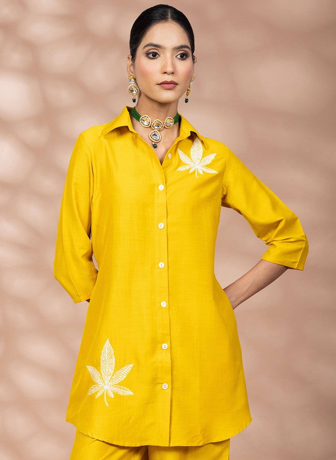WineRed Yellow Embroidered Shirt Collar Top with Palazzo Set - Image 2