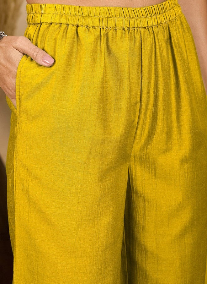 WineRed Yellow Embroidered Shirt Collar Top with Palazzo Set - Image 3