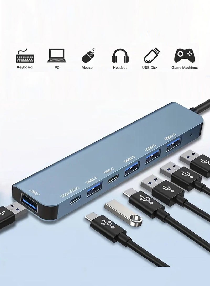 USB to  Adapter, 7 in 2 USB Hub with Ethernet with USB-C + 4*USB 2.0 +USB 3.0+PD:5W for Various Tablets, Laptops, Mobile Phones Docking Station - Image 1