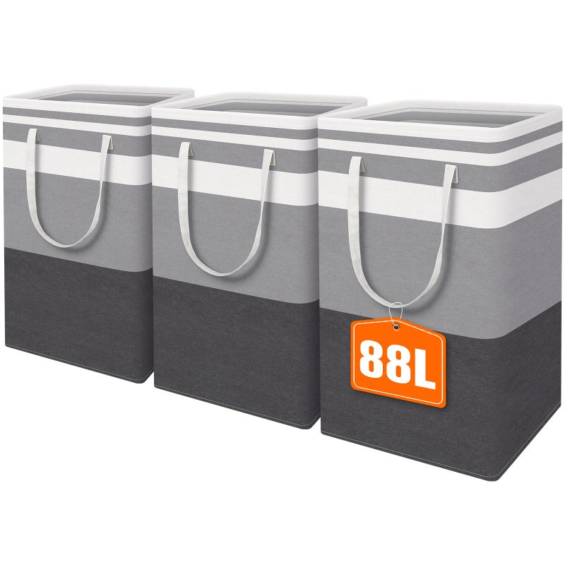 HomeHacks 3-Pack Large Laundry Basket, Waterproof, Freestanding Laundry Hamper, Collapsible Tall Clothes Hamper with Extended Handles for Clothes Toys in the Dorm and Family-(Gradient Grey, 88L) - Image 1