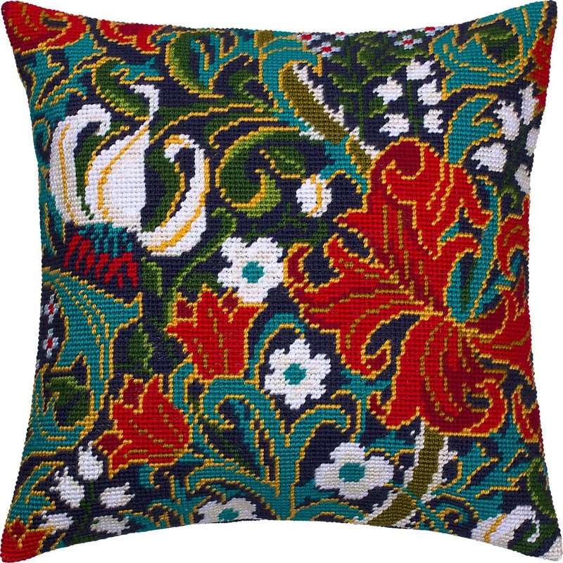 Floral Needlepoint Kit for Adults and Beginners — Golden Lily by William Morris 16″ × 16″ with Clear, Precise Printed Design on Cotton Canvas; Includes 2 Needles, Yarn, and Easy-Read Chart