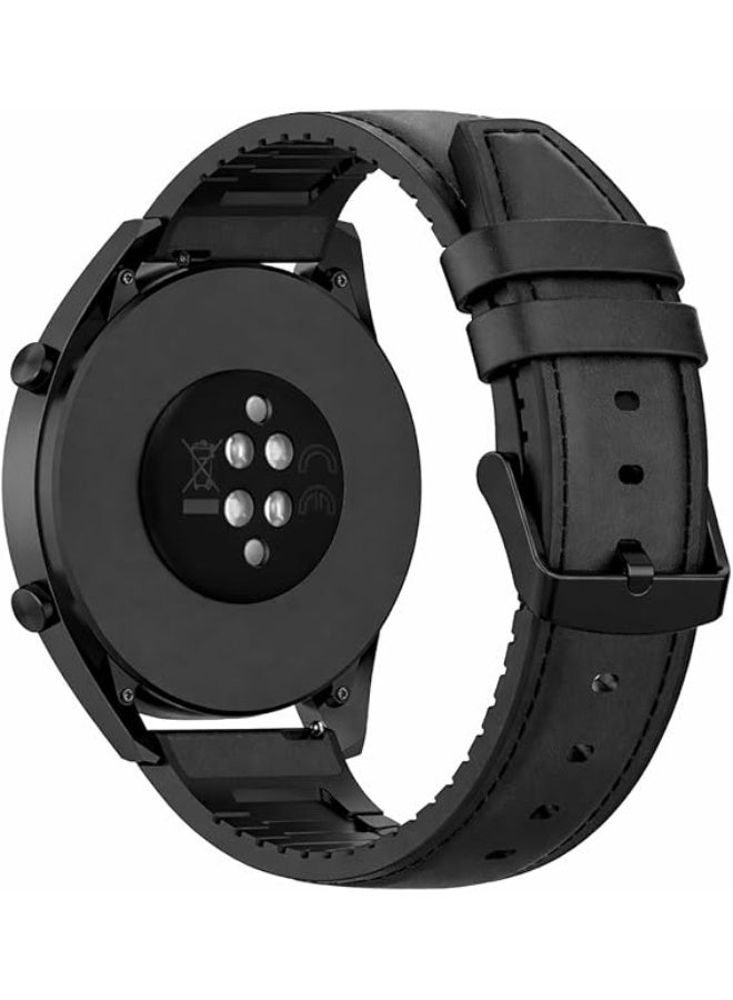22mm Genuine Leather Watch Band – Replacement Strap with Stainless Steel Buckle – Compatible with Samsung Watch, Huawei Watch, Amazfit & Other Smartwatches Using 22mm Strap (Black, Black Buckle) - Image 1