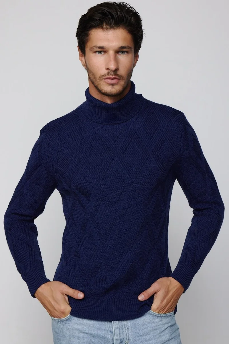 Tudors Slim Fit Slim Fit Full Turtleneck Patterned Sax Blue Men's Knitwear Sweater
