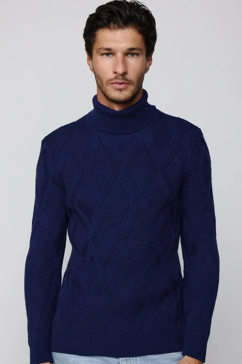 Tudors Slim Fit Slim Fit Full Turtleneck Patterned Sax Blue Men's Knitwear Sweater